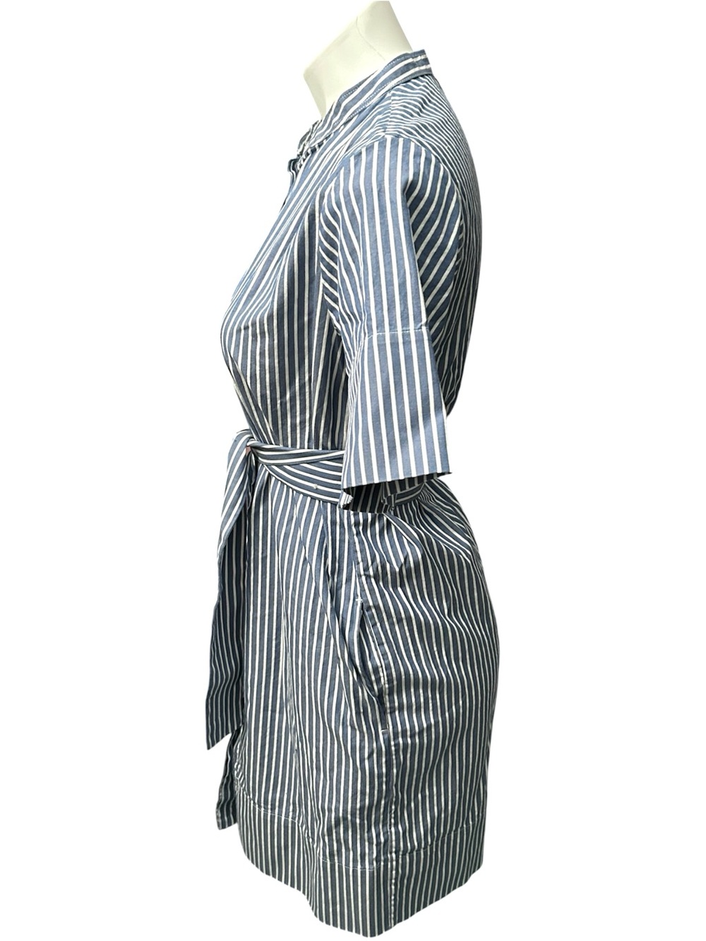 Everlane Blue & White Striped Collarless Cotton Belted Shirtdress - Size 2 - Picture 7 of 13